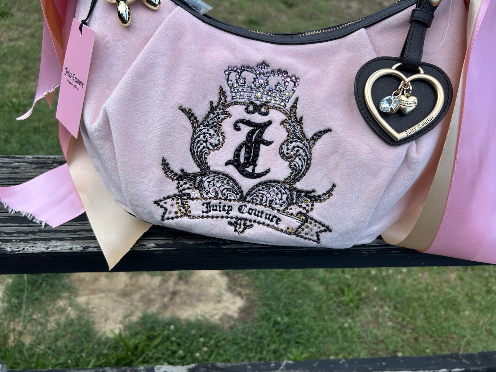 Juicy Couture Need More Juicy Pink Clay Velour Hobo Bag with Custom Gothic Crest