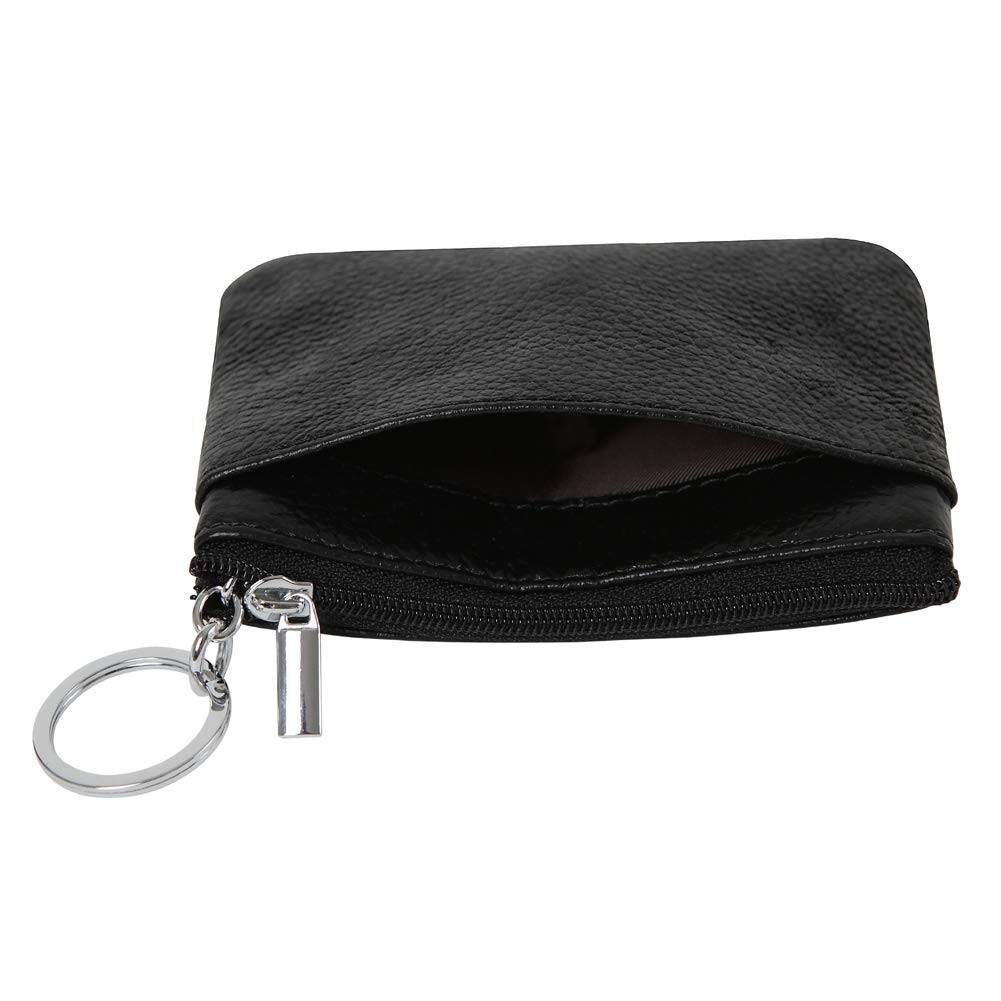 Black Leather Coin Purse Pouch with 3 Zipper Pockets for Cards and Cash