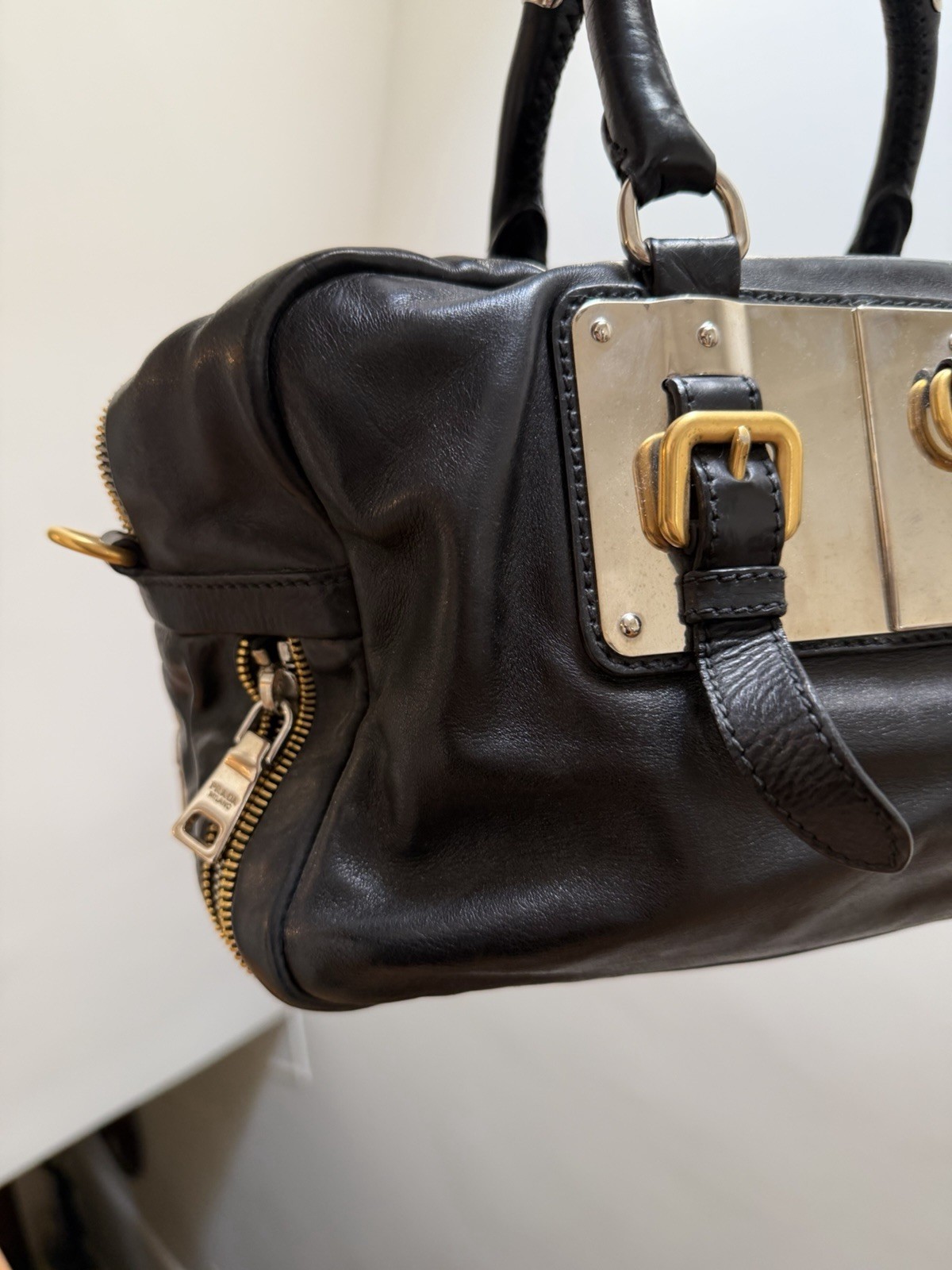 PRADA Black Top Handle Bag Gold Hardware Lock Buckle Accents Zip Closure