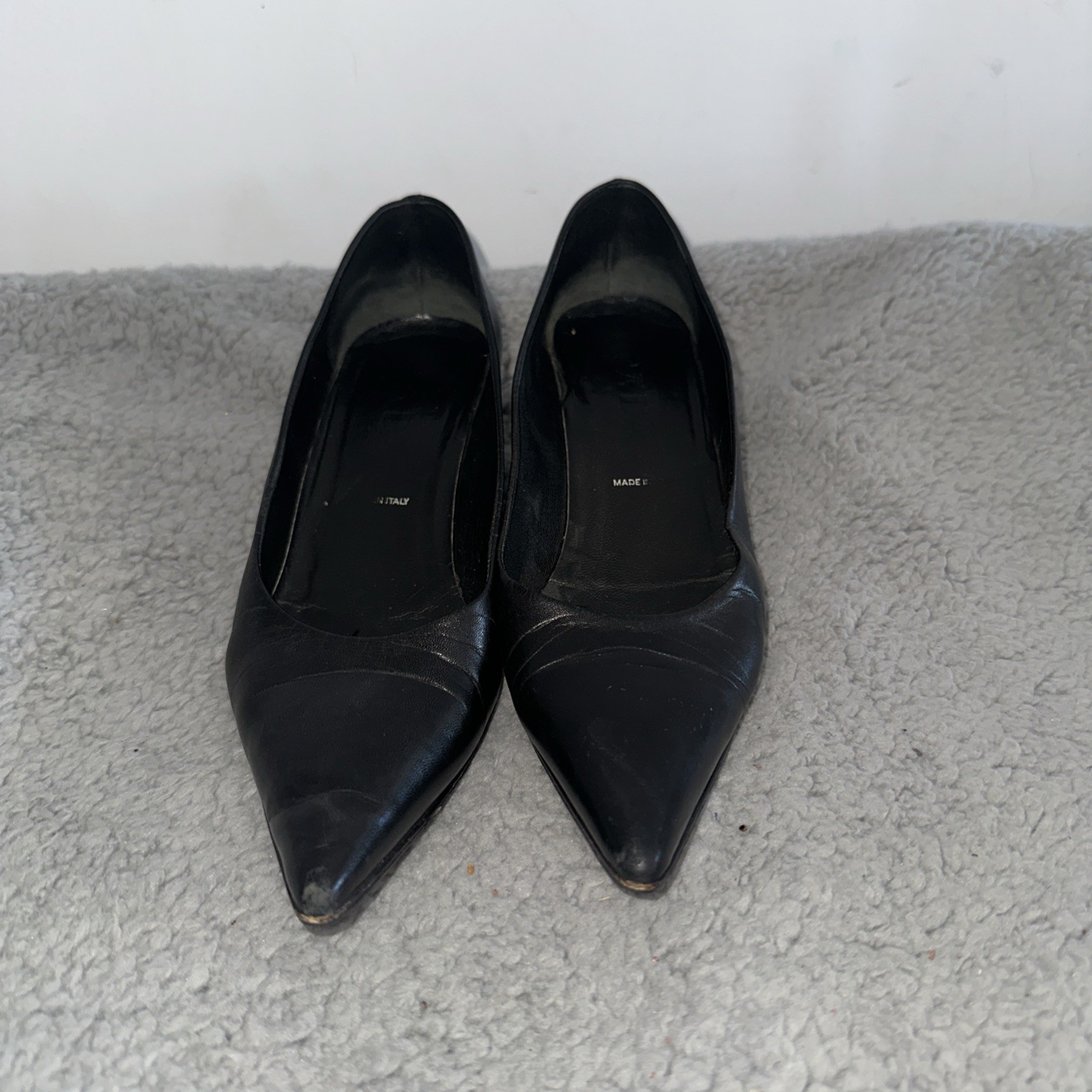 A Pair Of Prada Black Leather Almond Toe, Cone Heel Pumps Vintage Size 35 1/2