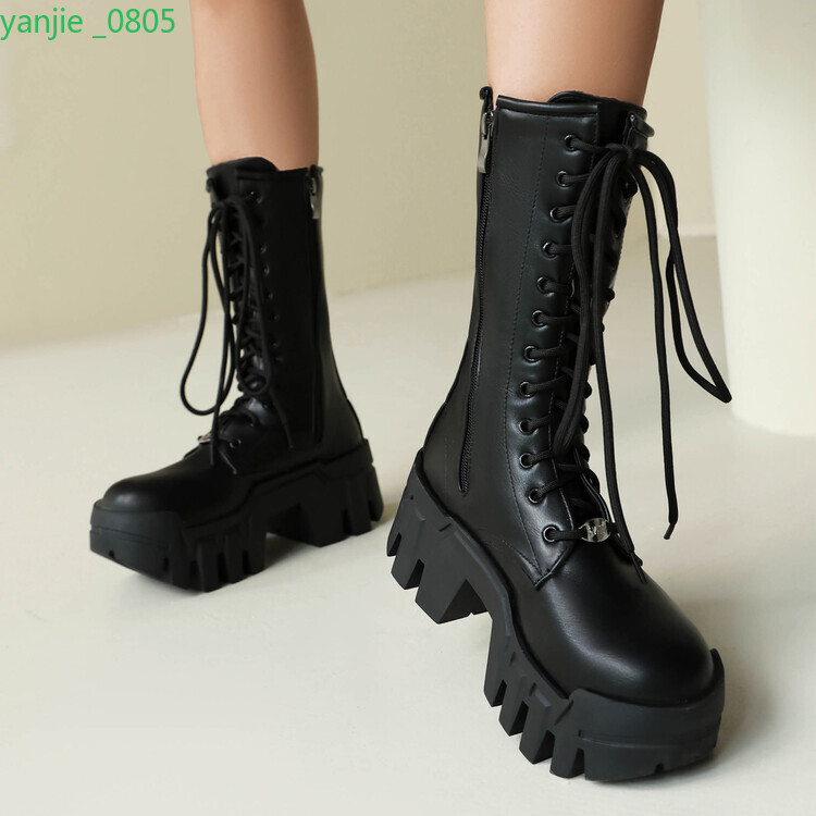 Gothic Women’s Faux Leather Platform Mid Calf Boots Lace Up Shoes Zip Block Heel