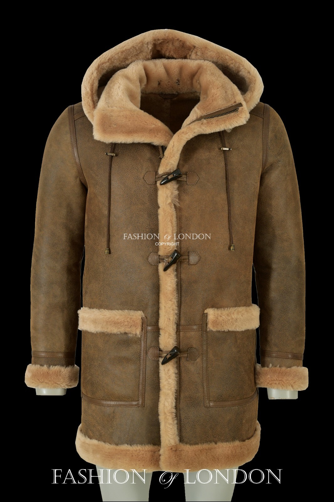 Mens Sheepskin Duffle Coat Fur Hood Natural Shearling Fur Long Hooded Coat