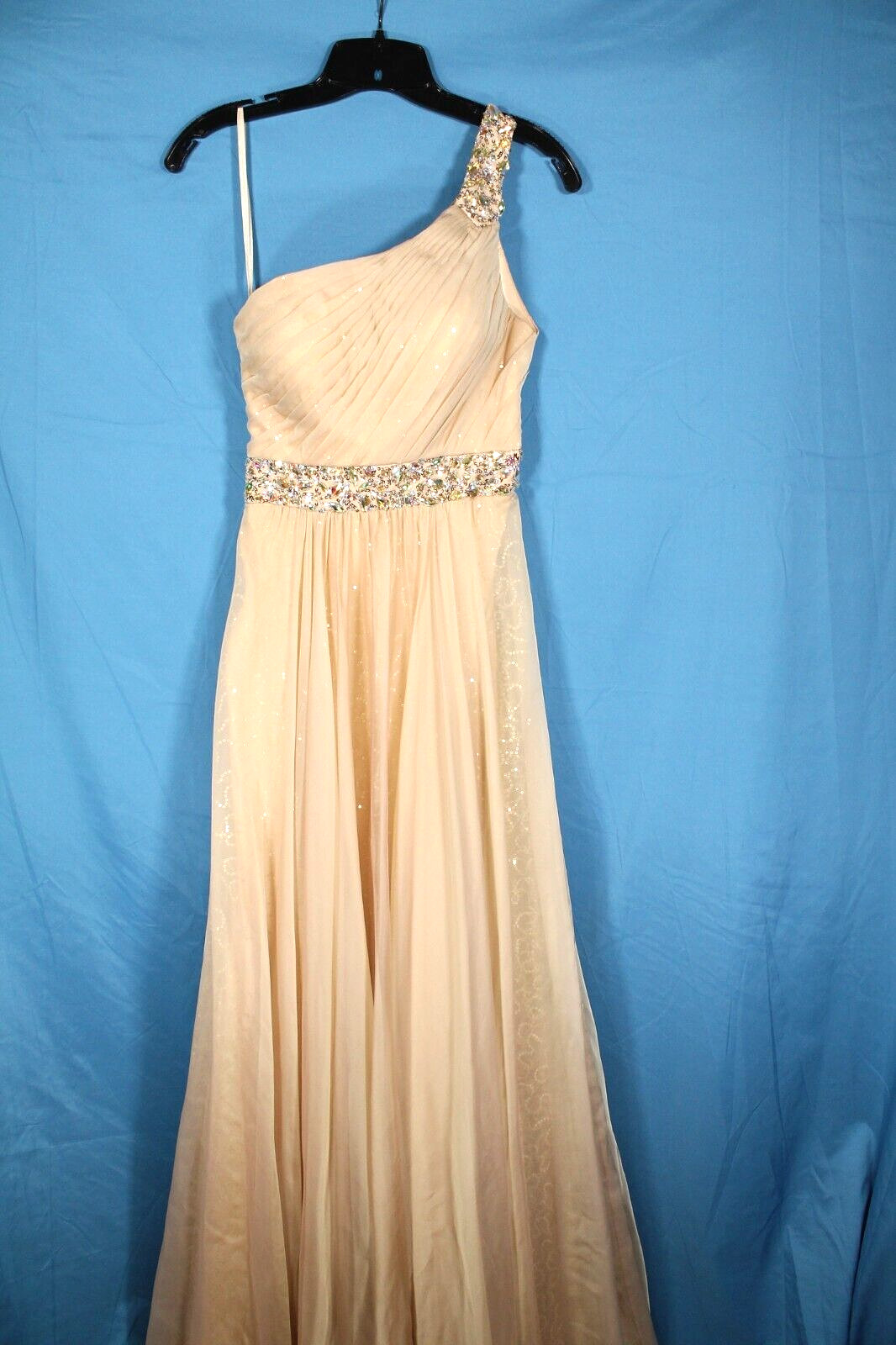 LA FEMME Champagne CHIFFON Beaded/Sequin ONE-SHOULDER Prom/Homecoming Dress Sz 4