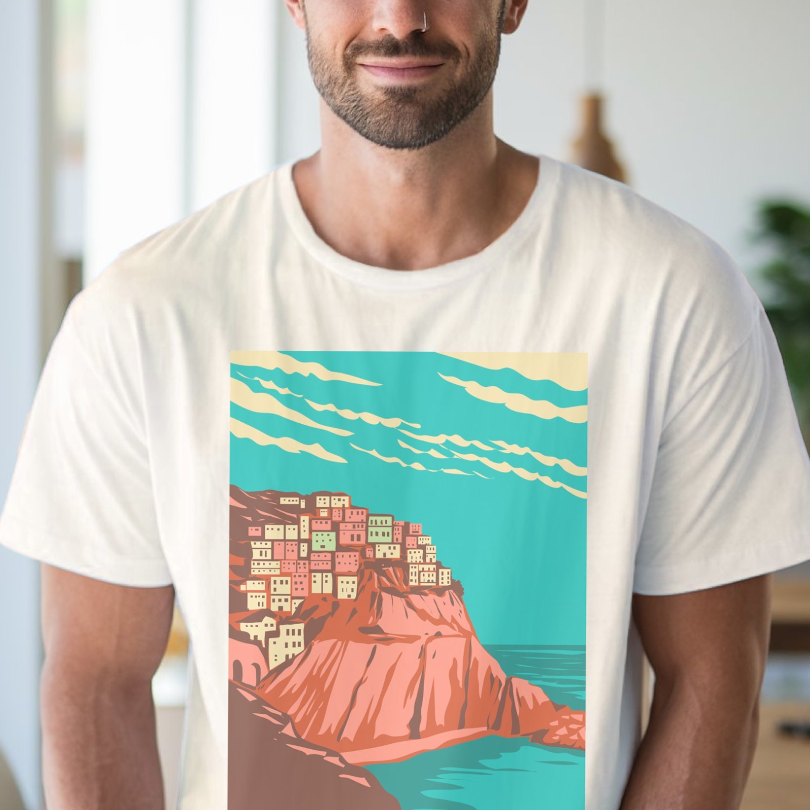 Scenic Coastal Town Tee Colorful Cliffside Houses Summer Ocean Graphic Shirt