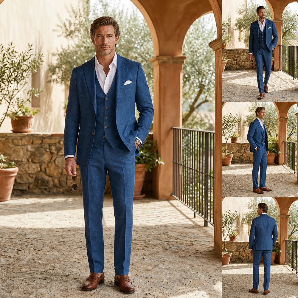 Mens Blue Linen Suit Jacket Vest Pants Wedding Prom Beach Groom 3pc Set
