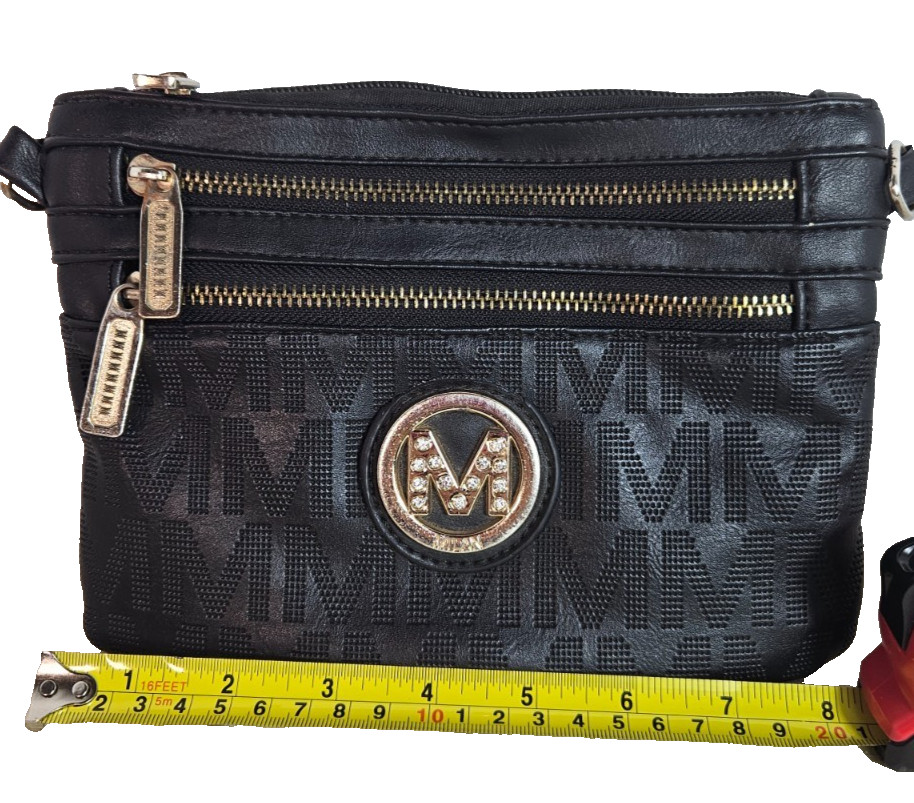 M Collection Black Monogram Crossbody Bag Rhinestone Logo Multi Zip Pockets