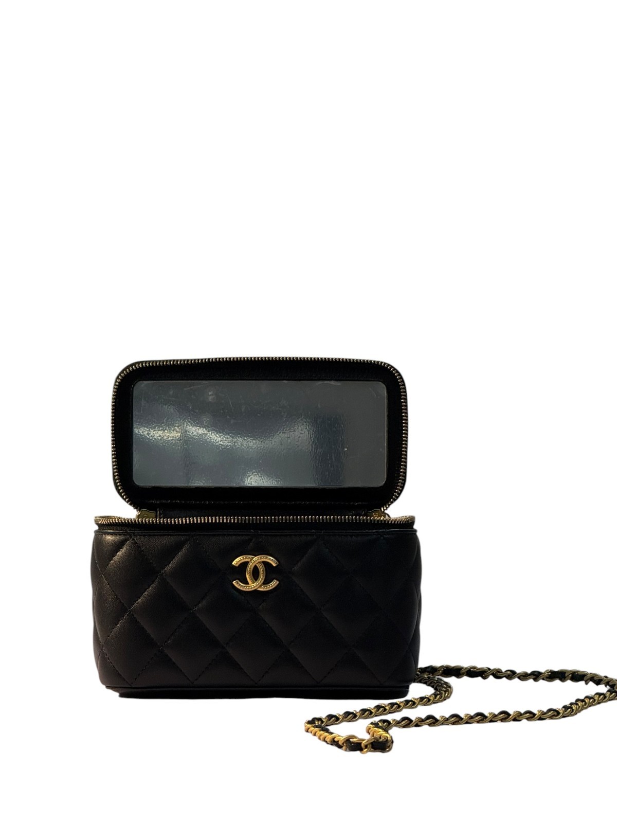 CHANEL Black Quilted Lambskin Vanity Case Crossbody Top Handle Bag MICROCHIPPED