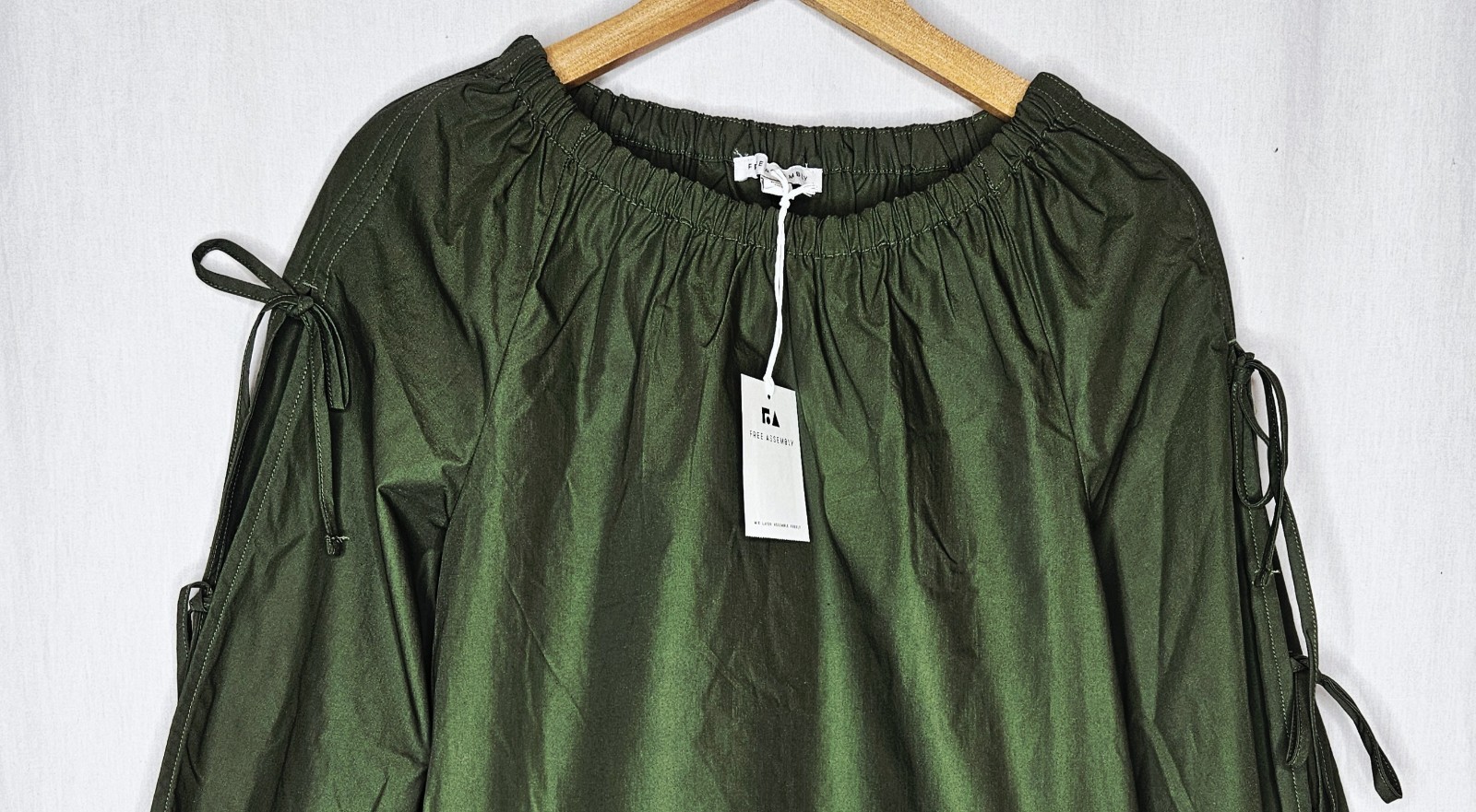 Free Assembly Green Gathered Neck Off Shoulder Top Tie Sleeve XS S M L or XL