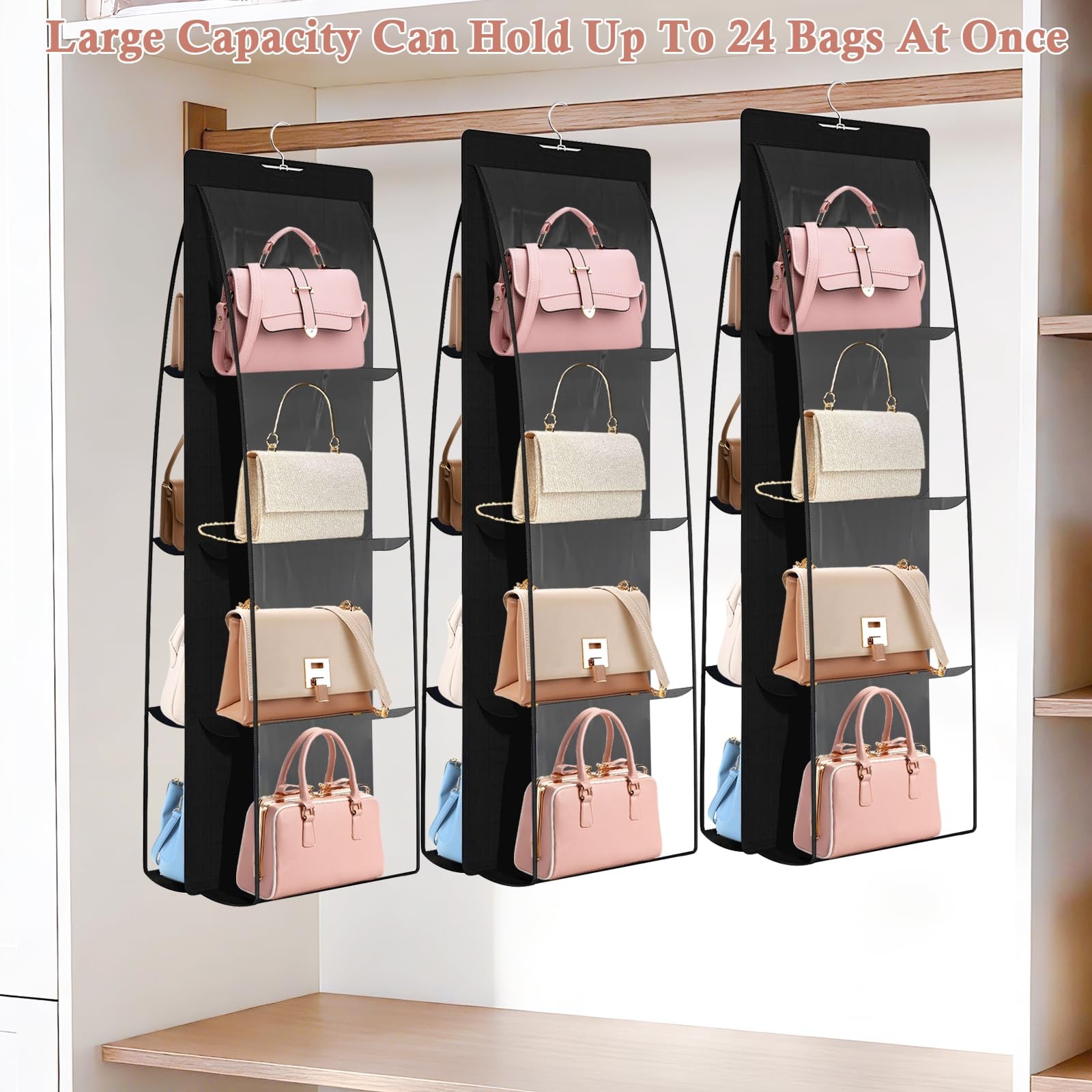 3 Pack Purse Organizer for Closet, 8 Pockets Black Handbag Hanging, Handbag S