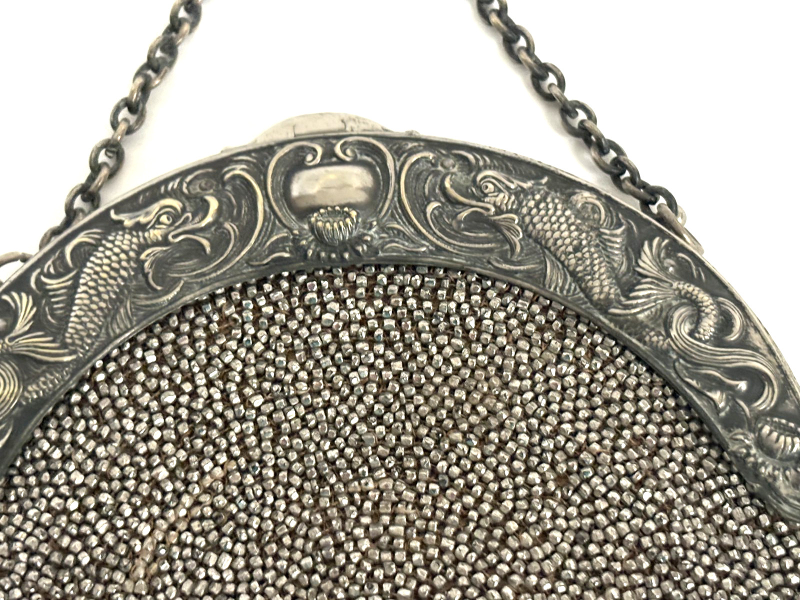 Antique Chatelaine Round Suede & Steel Cut Beaded Purse w/Mythical Fish on Frame