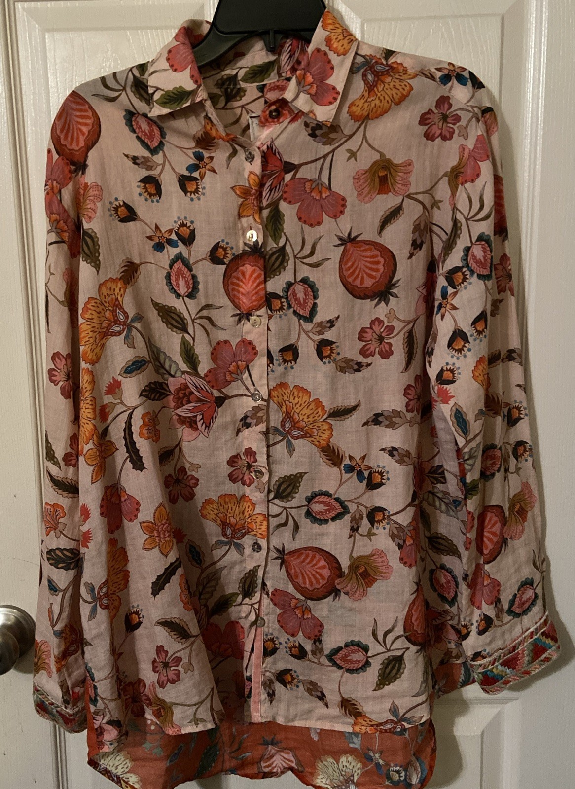 Johnny Was Workshop Pink Paris Blouse Boho Chic Floral Womens S 100% Ramie