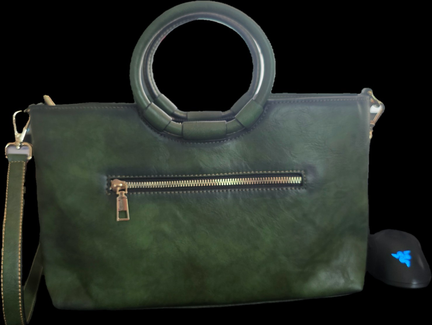 Vintage Green Satchel Top Handle Bag Zip Closure Detachable Strap