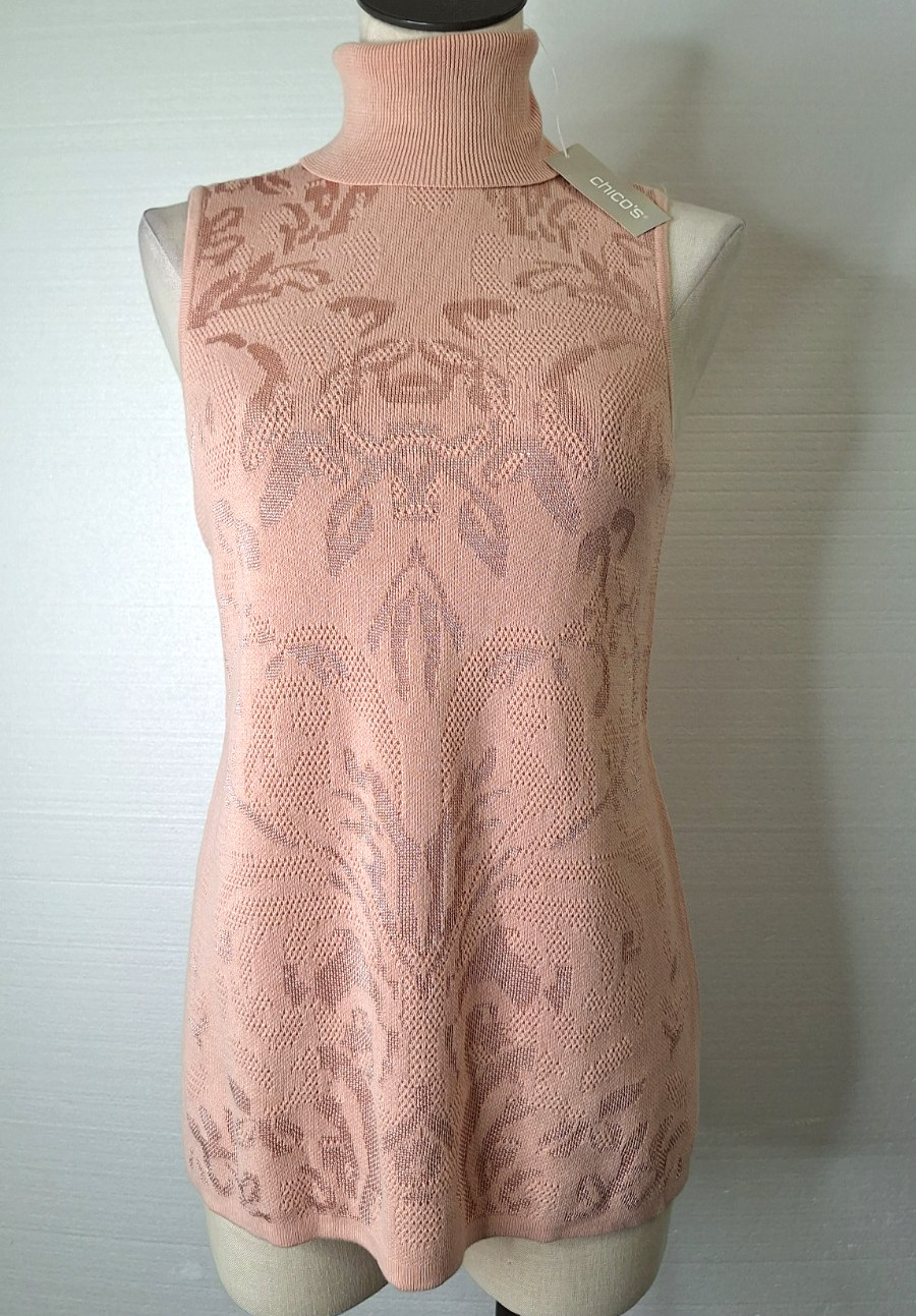 Chico’s Women’s Size S (0) Pink Tonal Jacquard Turtleneck Sweater Tank NWT