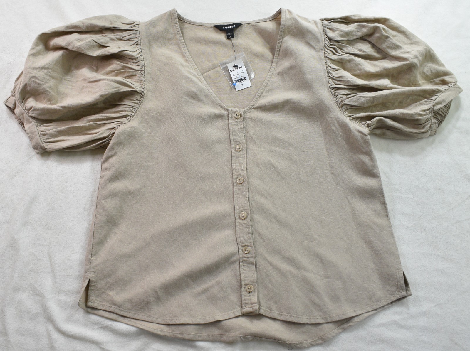 New Express Blouse Tan Linen Balloon Sleeve Shirt V Neck Button Top Boho Women M