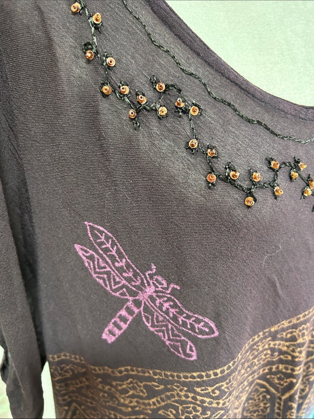 Greater Good Boho Midi Dress with Beaded Neckline in Brown and Teal