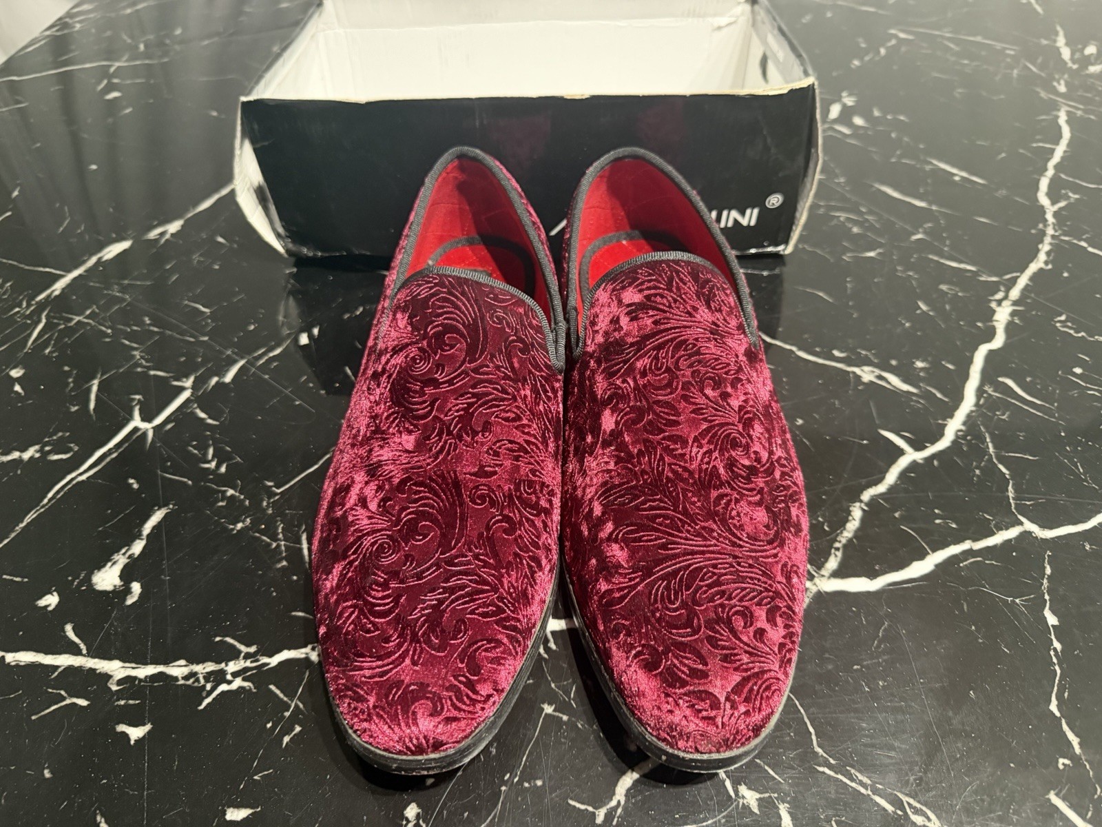 Alberto Fellini Men’s Velvet Flower Designer Dress Dark Purple Loafers US 12