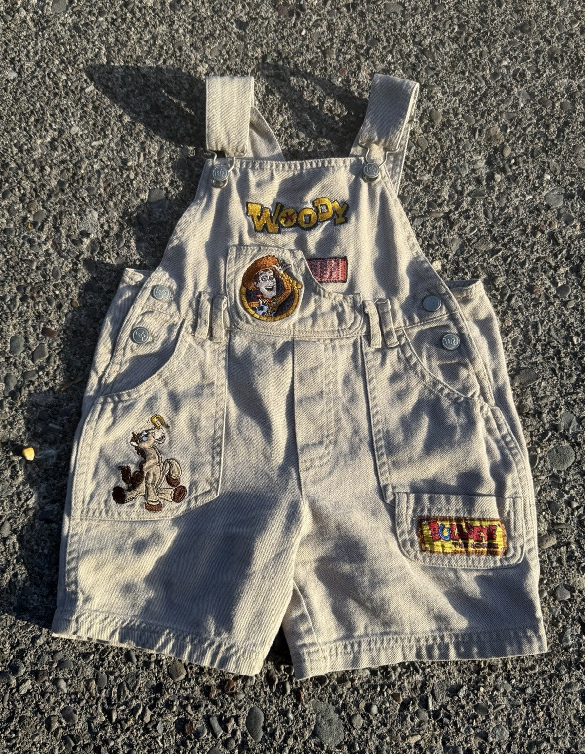 Toy Story Woody 4T Beige Denim Overall Shorts One-Piece Button Pockets