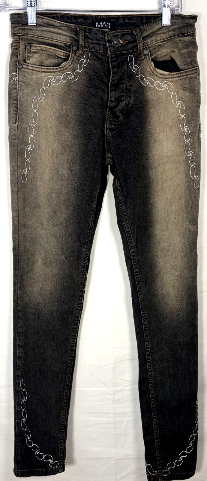 boohoo Man boohooMAN Brown Skinny Straigt Embroidered Printed Jeans – Size: 28