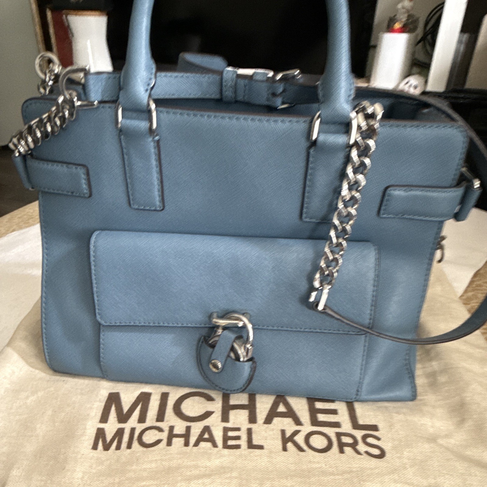Michael Kors Blue Pebbled Satchel Top Handle Zip Detachable Chain Strap Dust Bag