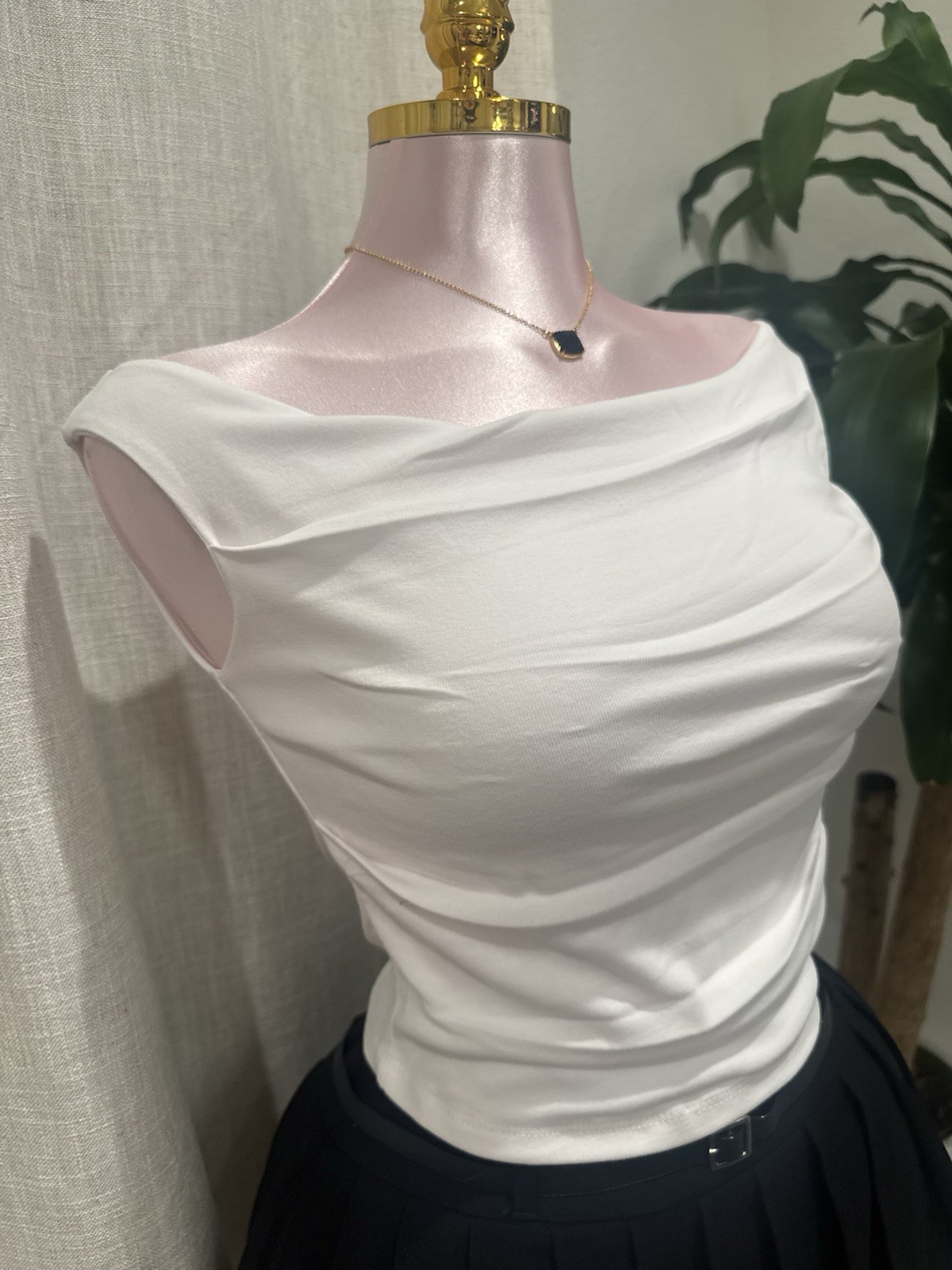 Active Basic White Ruched Sleeveless Boat Neck Stretch Knit Top Cotton S Women