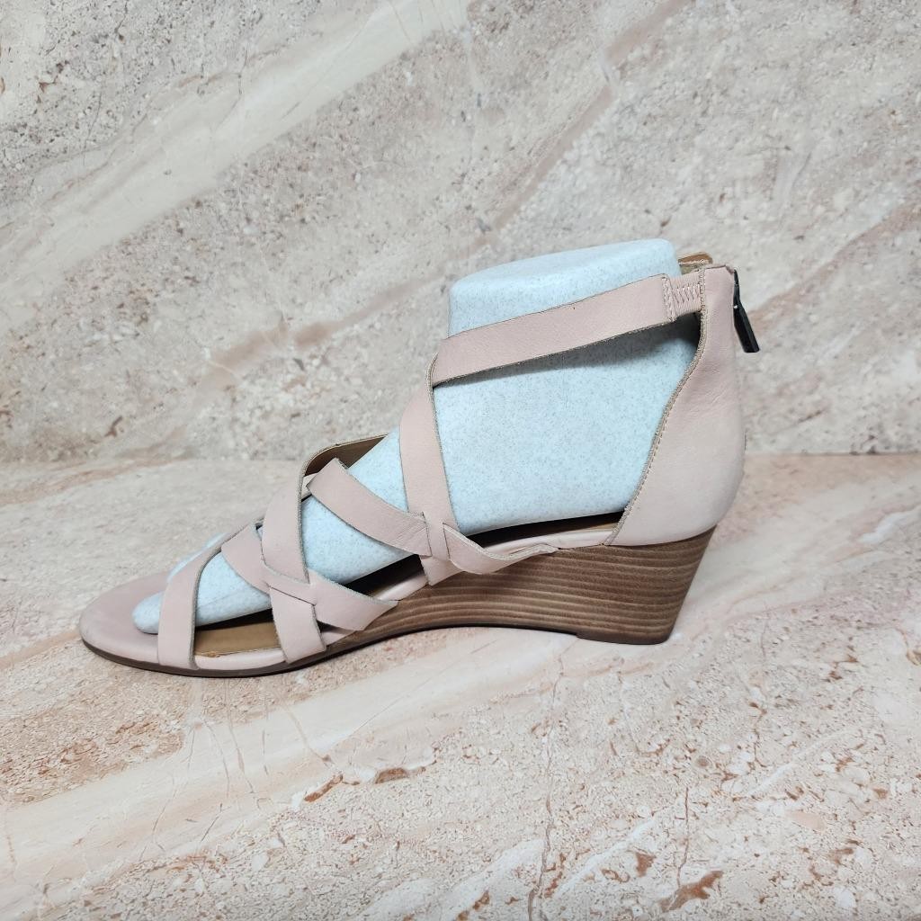 LUCKY BRAND JEWELIA Sandshell Leather Wedge Strappy Zipper Heel Sandals US 9.5!