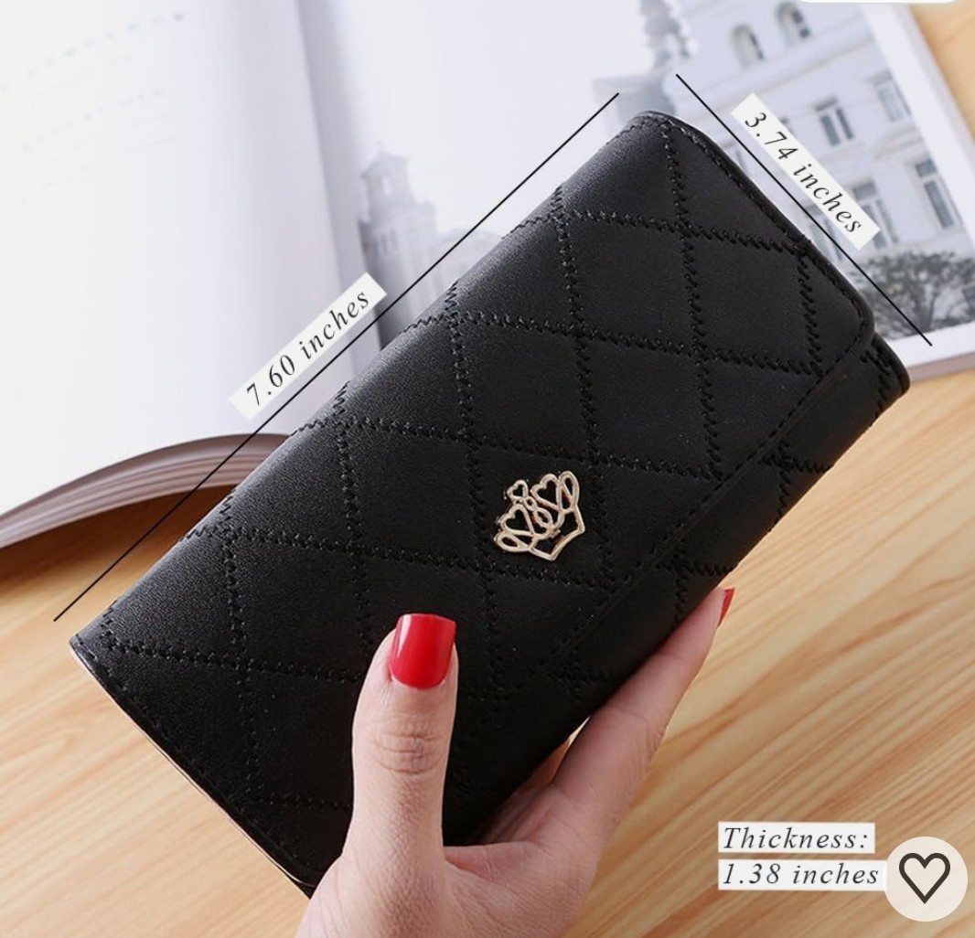 Women’s Black Quilted Wallet with Pink Interior, Metal Logo, Card Slots, Zipper