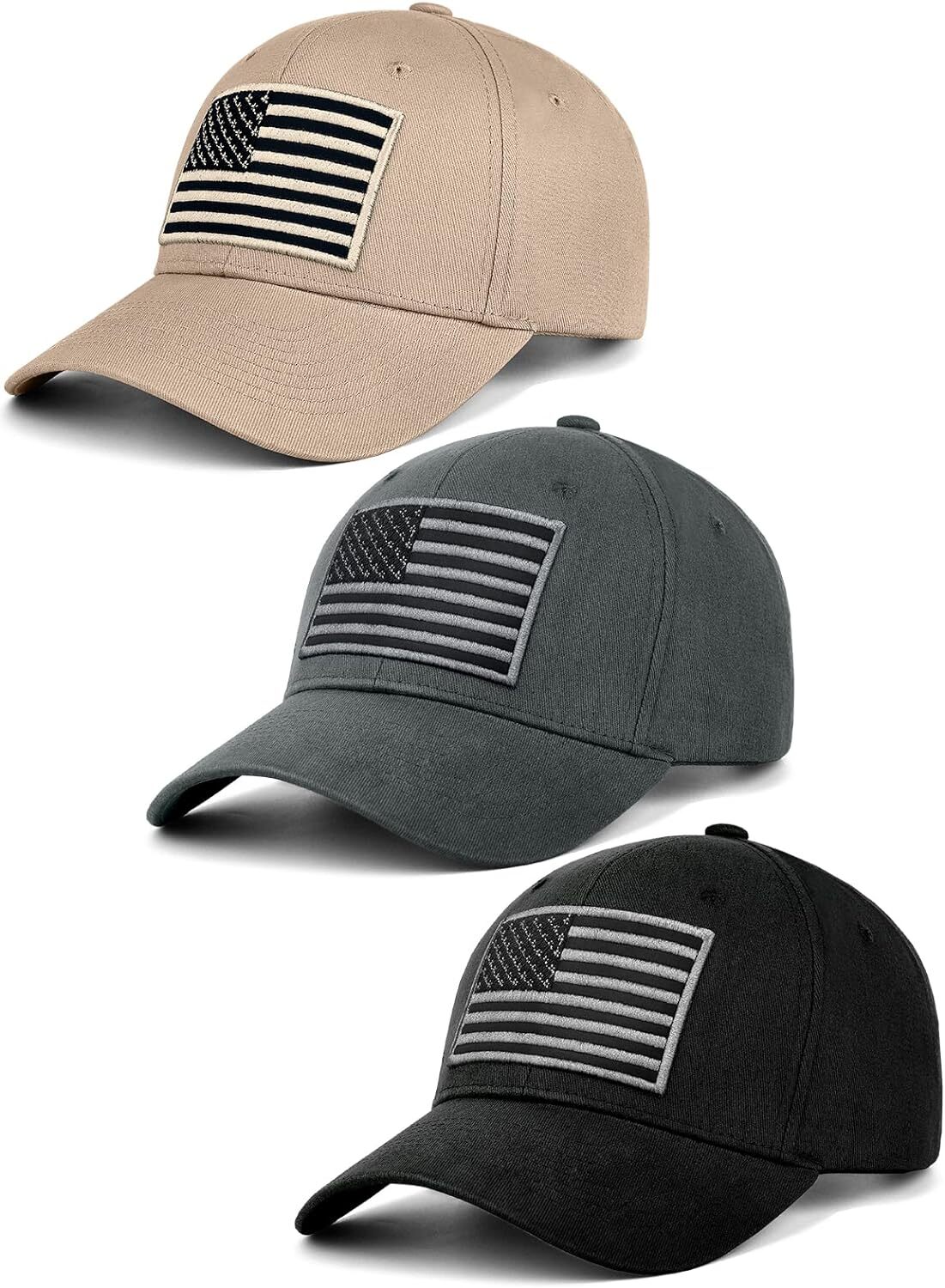 3 Pack American Flag Baseball Cap Unisex,Low One Size, Black＆grey＆khaki