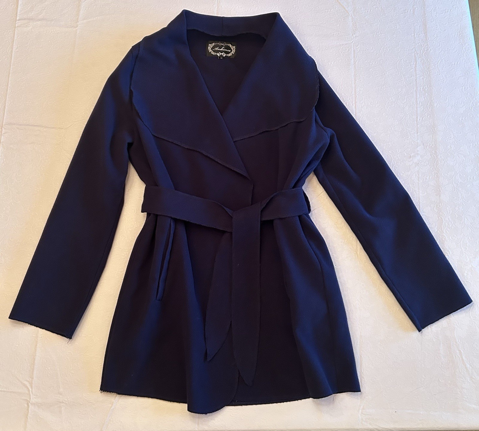 Navy Blue Felt Wrap Jacket With Sash – Ambiance