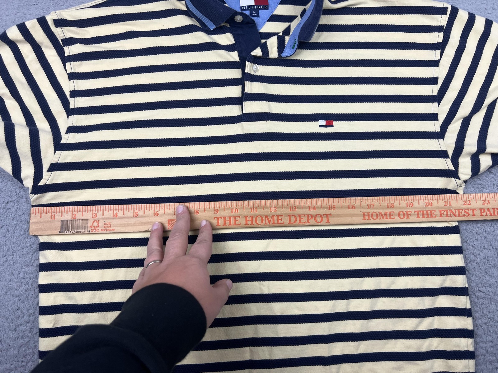 Tommy Hilfiger Polo Shirt Mens Medium Navy Yellow Striped Flag Logo Cotton