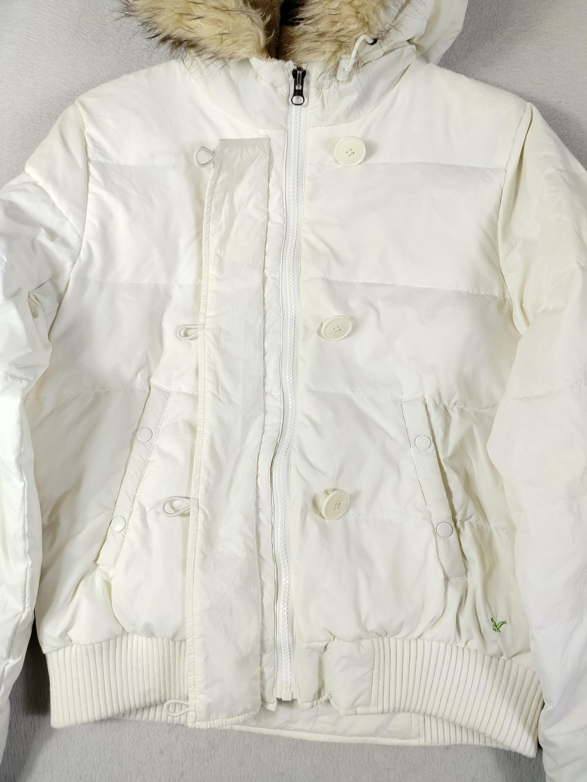 American Eagle Outfitters Jacket Womens Medium White Hooded Down Puffer Faux Fur