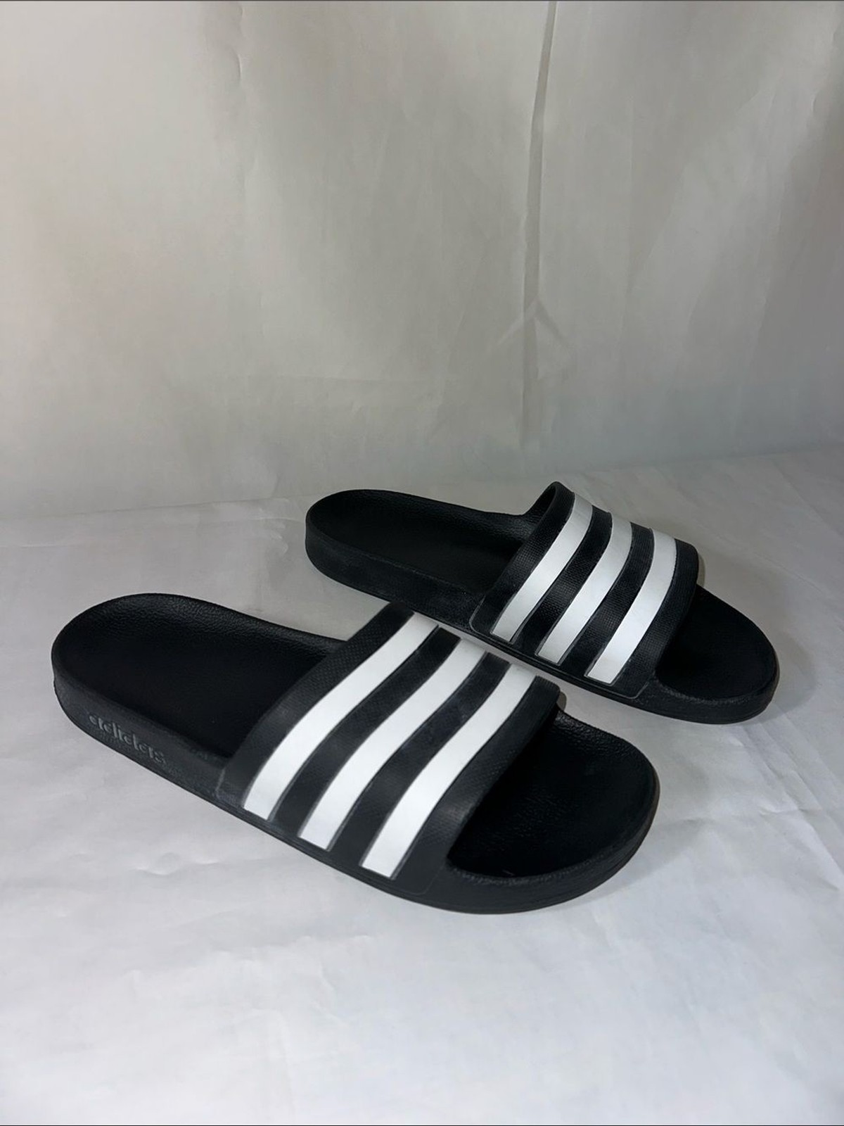 Adidas Adilette Aqua Slides Black White 3 Stripe Slip On Sandals Mens 9