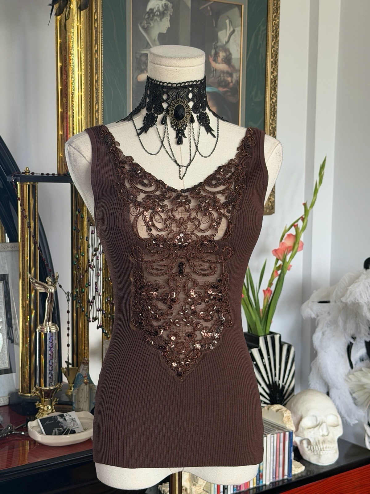 Caché Beaded Lace Illusion Knit Tank Top Brown Size S Stretch Y2K Gothic