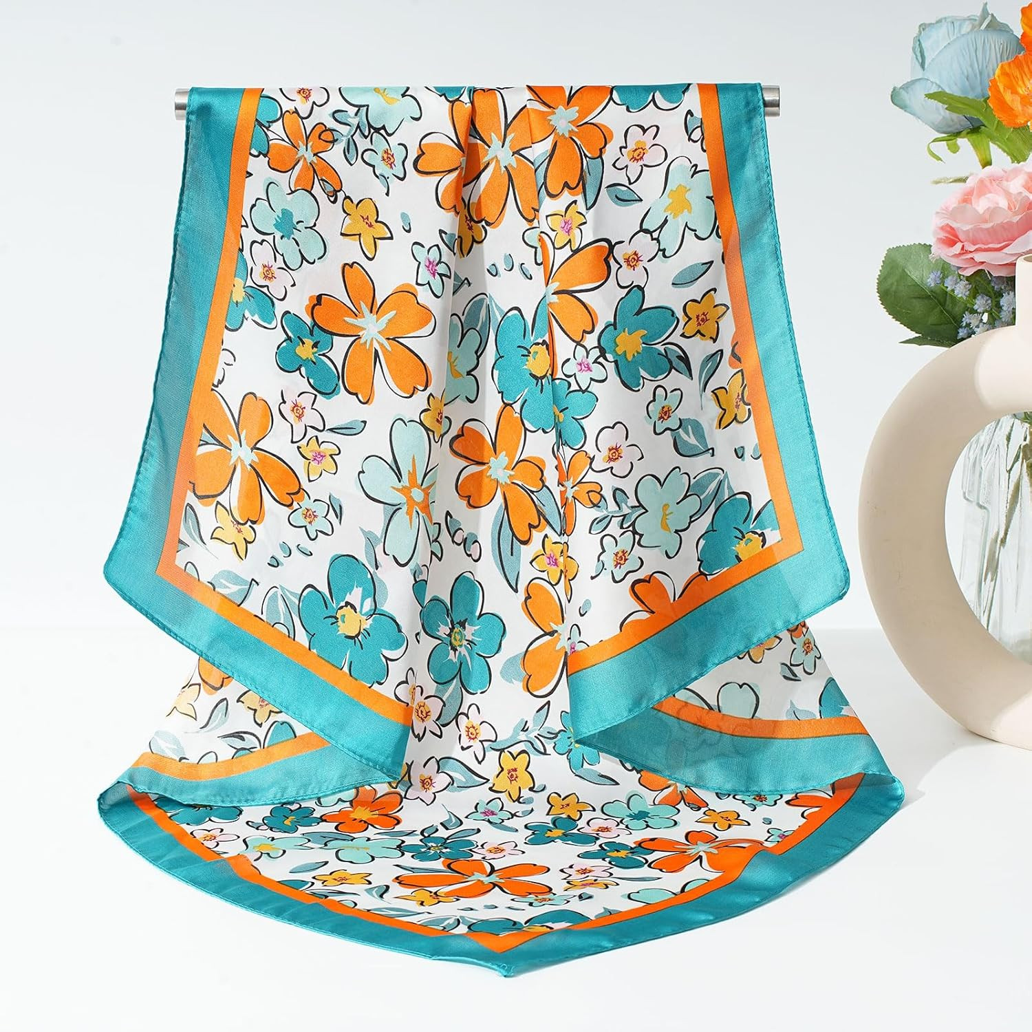 27 Inches Silk Feeling Square Head Scarf – 4 Pcs Satin Square Head Scarves for W