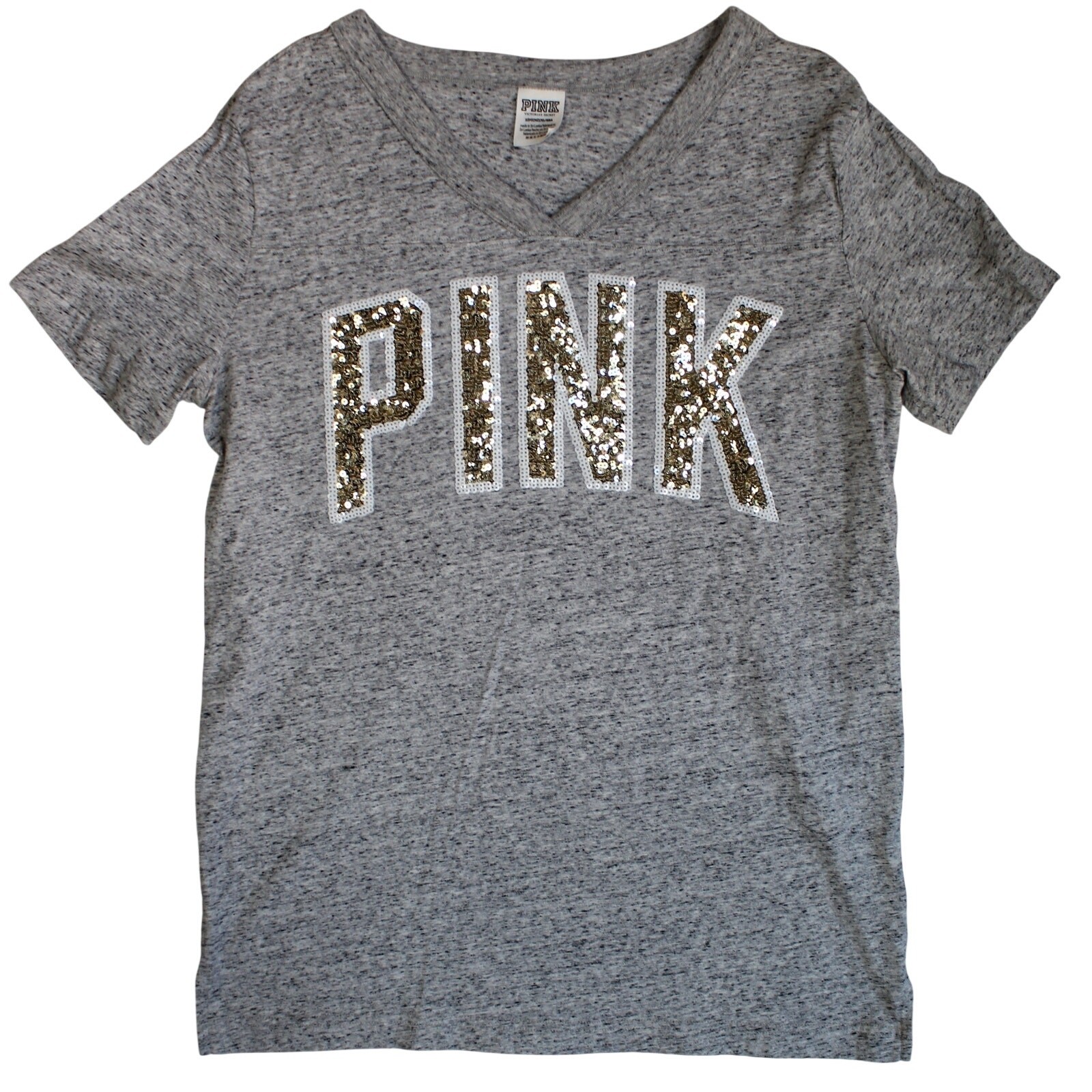 Victorias Secret PINK Sequin Y2K T-Shirt Women Small Gray Bling Campus Summer