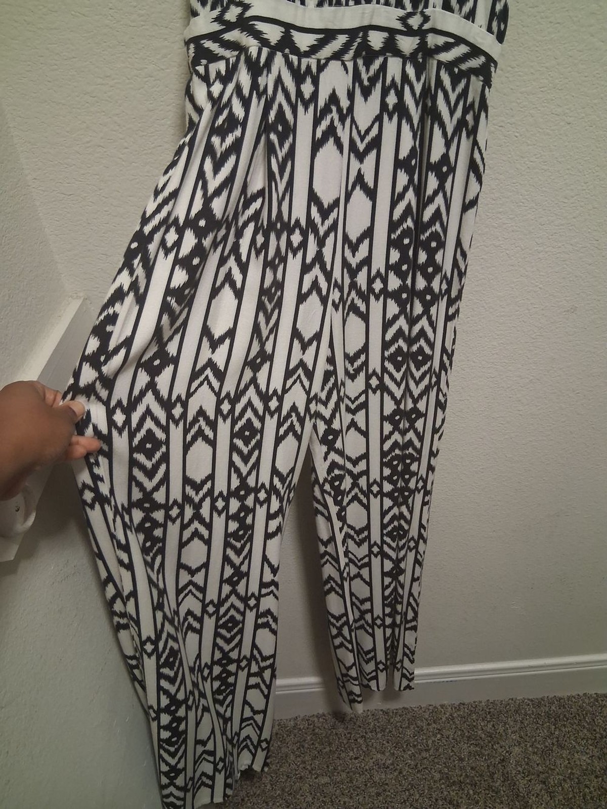 Sleeveless Black & White Geometric Maxi Jumpsuit with Coral Straps