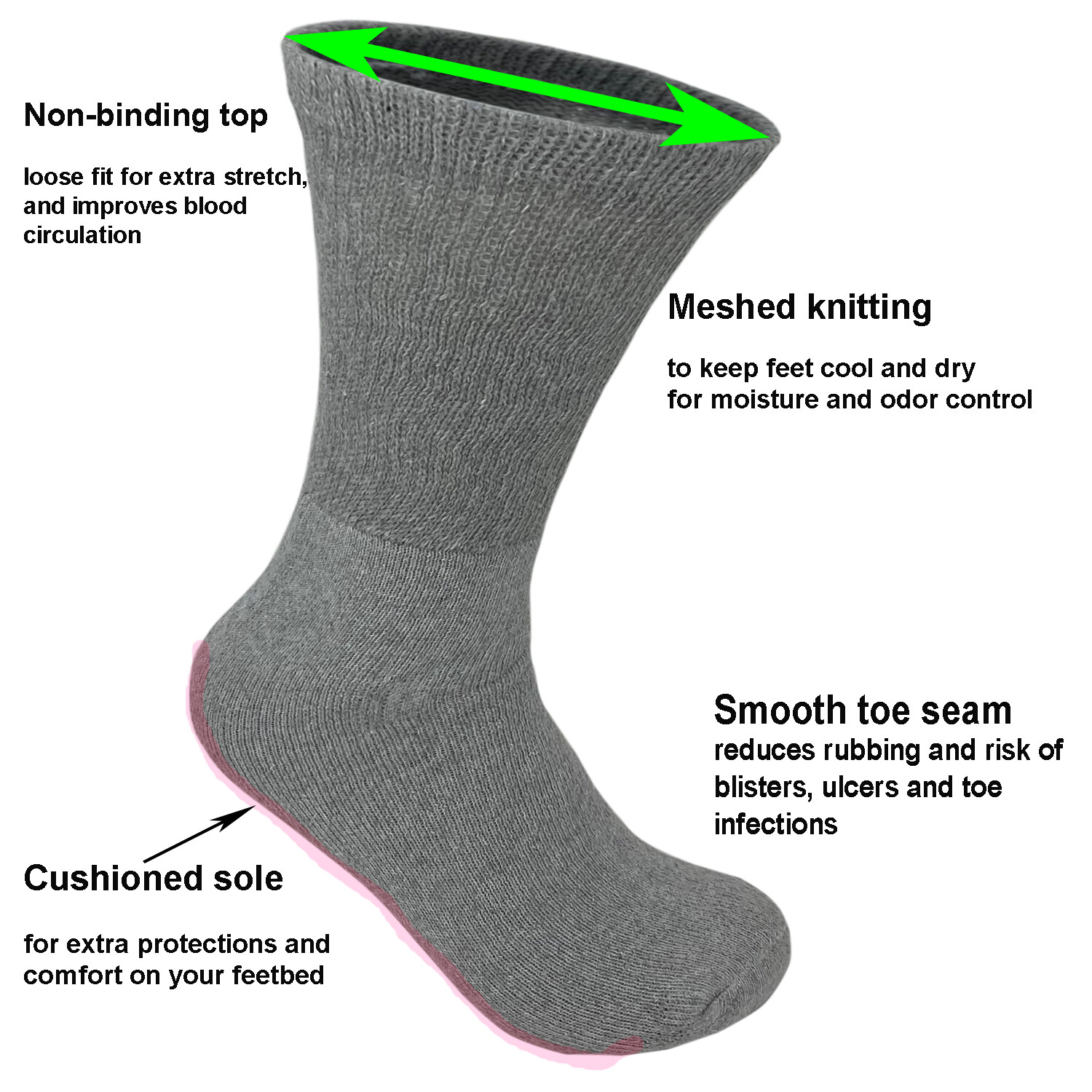 3,6,12 Pairs Lot Men’s Gray Circulatory Diabetic Crew Socks 9-11,10-13,13-15