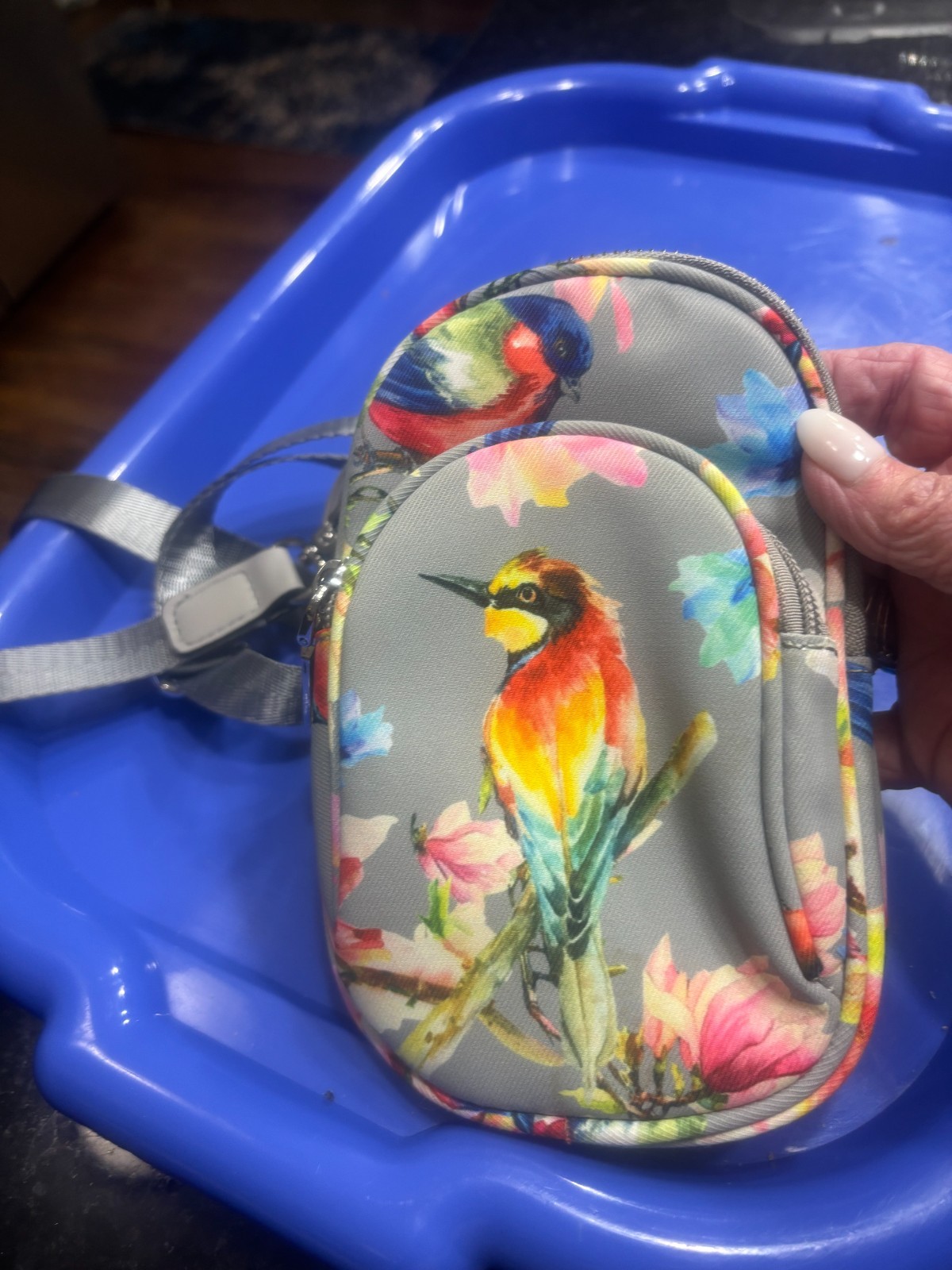 Coco and Carmen 100% Vegan Leather gray floral purse /with hummingird