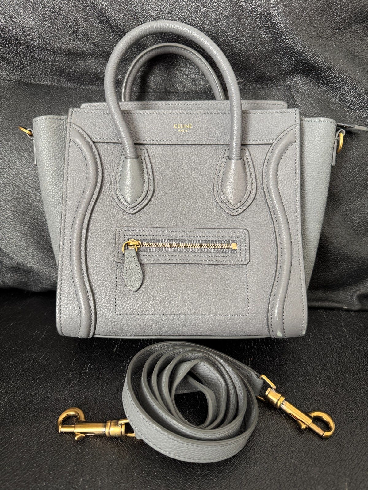 CELINE Luggage Nano Shopper Shoulder Bag Purse Handbag Calf Leather Grey Gold HW