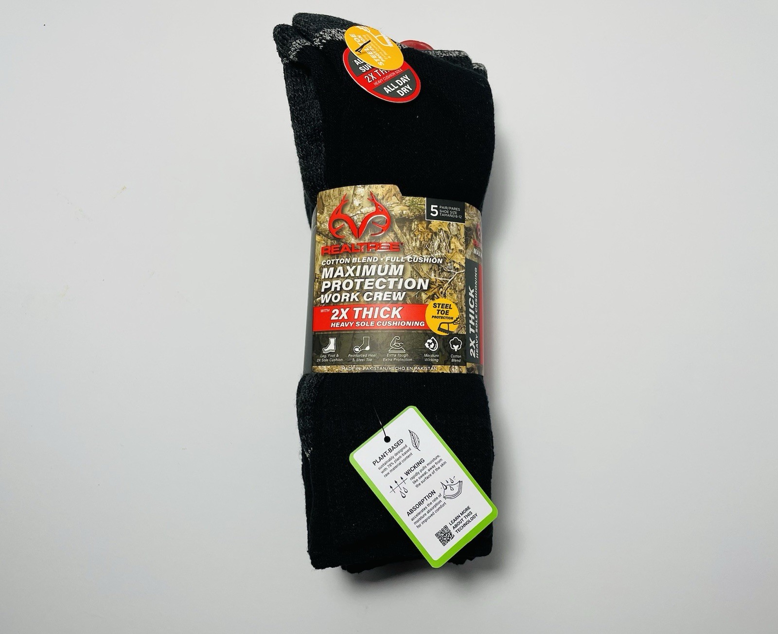 Realtree Work Crew Socks 5 Pairs Steel Toe Protection 2X Thick Cotton Blend