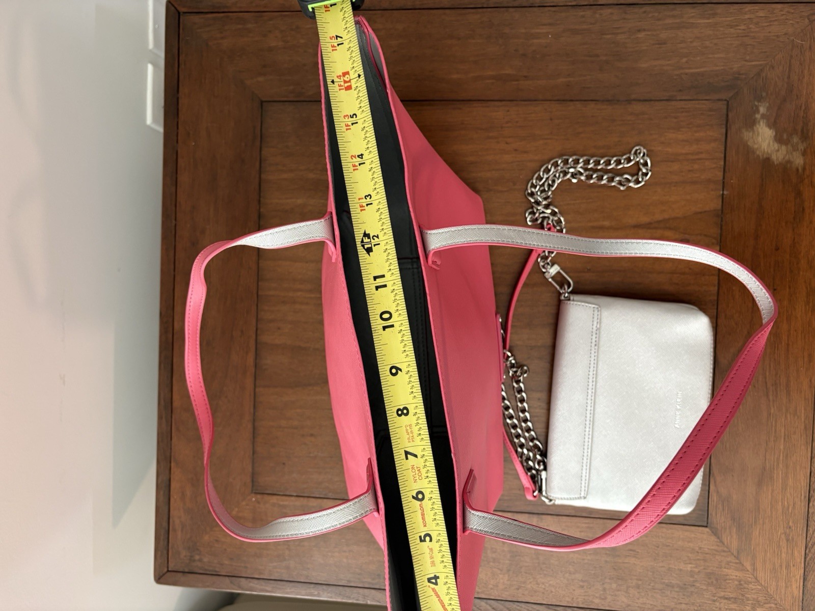 Anne Klein Large Pink Tote Bag w/ Silver Chain Strap Pocketbook Pouch