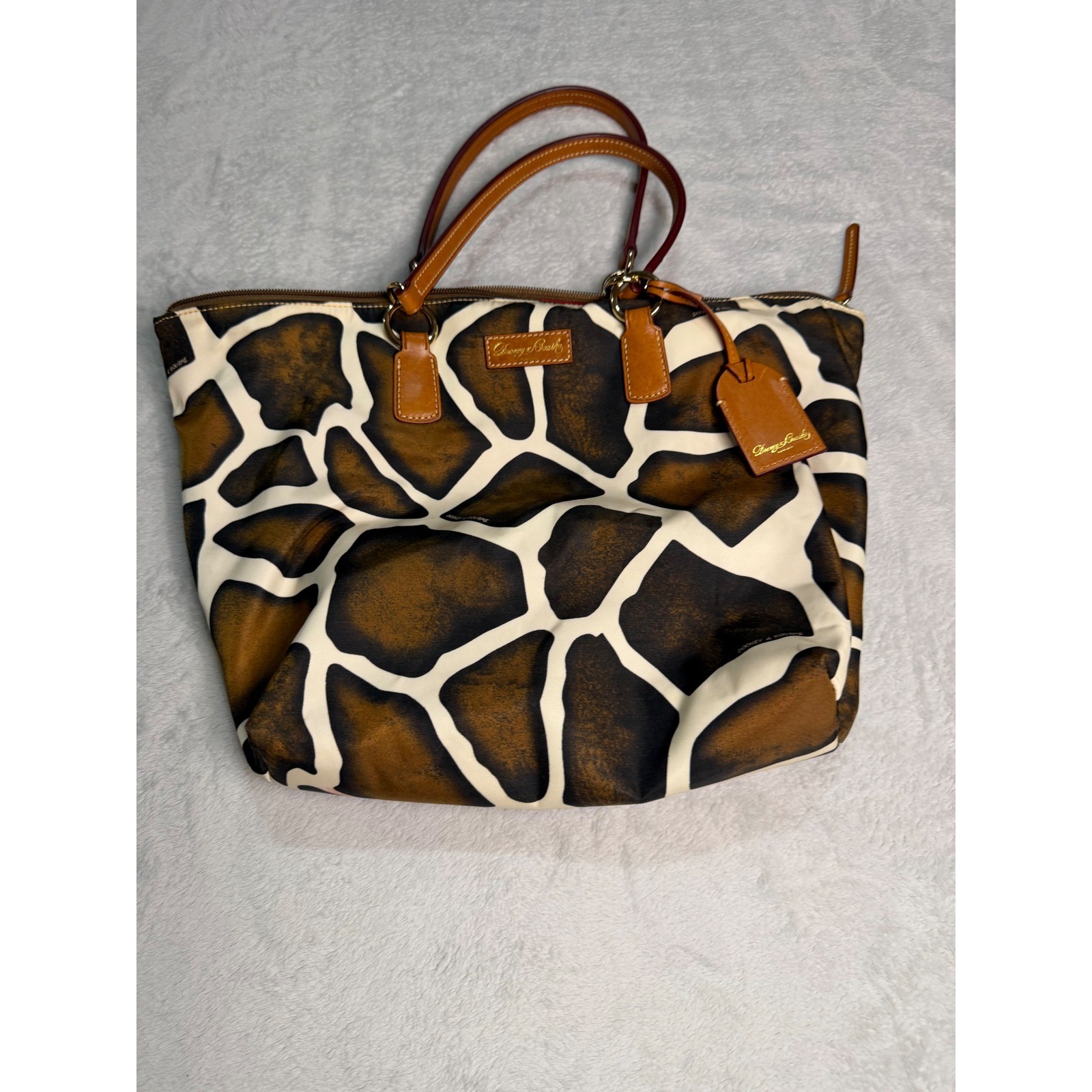 Dooney & Bourke Giraffe Print Coated Canvas Tote Bag Tan Leather Trim Brown