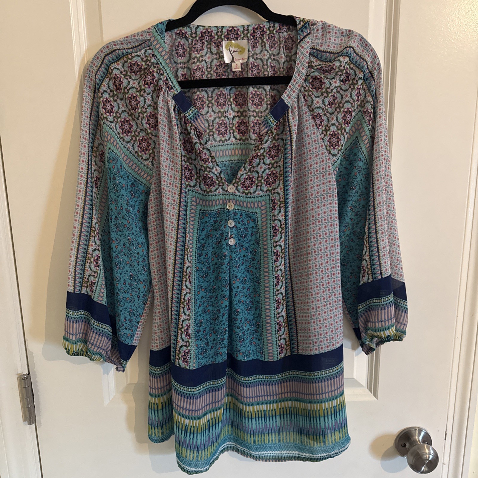 Fig and Flower Womens Patchwork Floral Blouse Blue 3/4 Sleeve Top Large