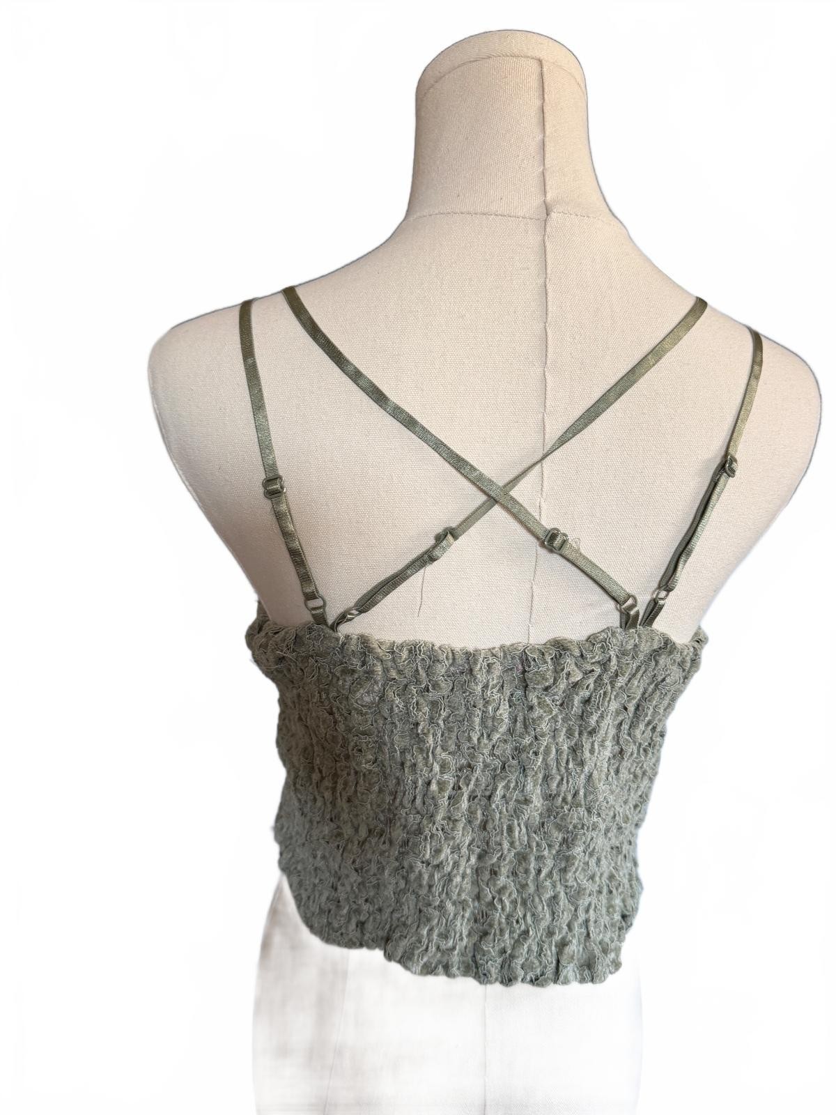 Willow & Root Olive Green Lace Crop Top with Adjustable Straps, Size Large