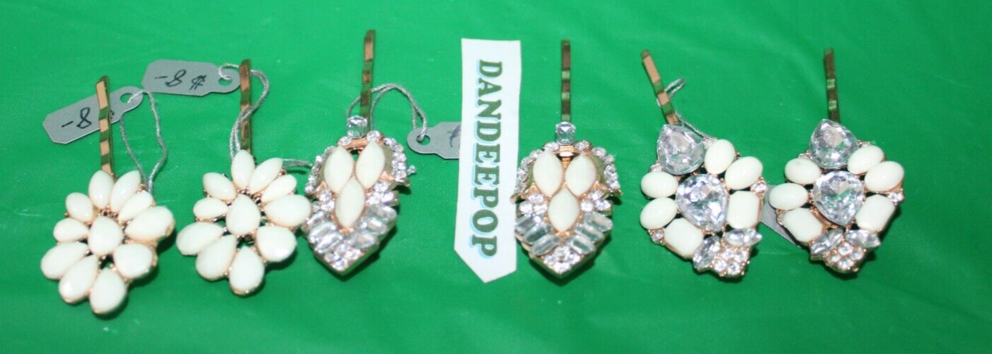6 Piece Faceted White Bead Stone And Rhinestone On Gold Tone Hair Pins