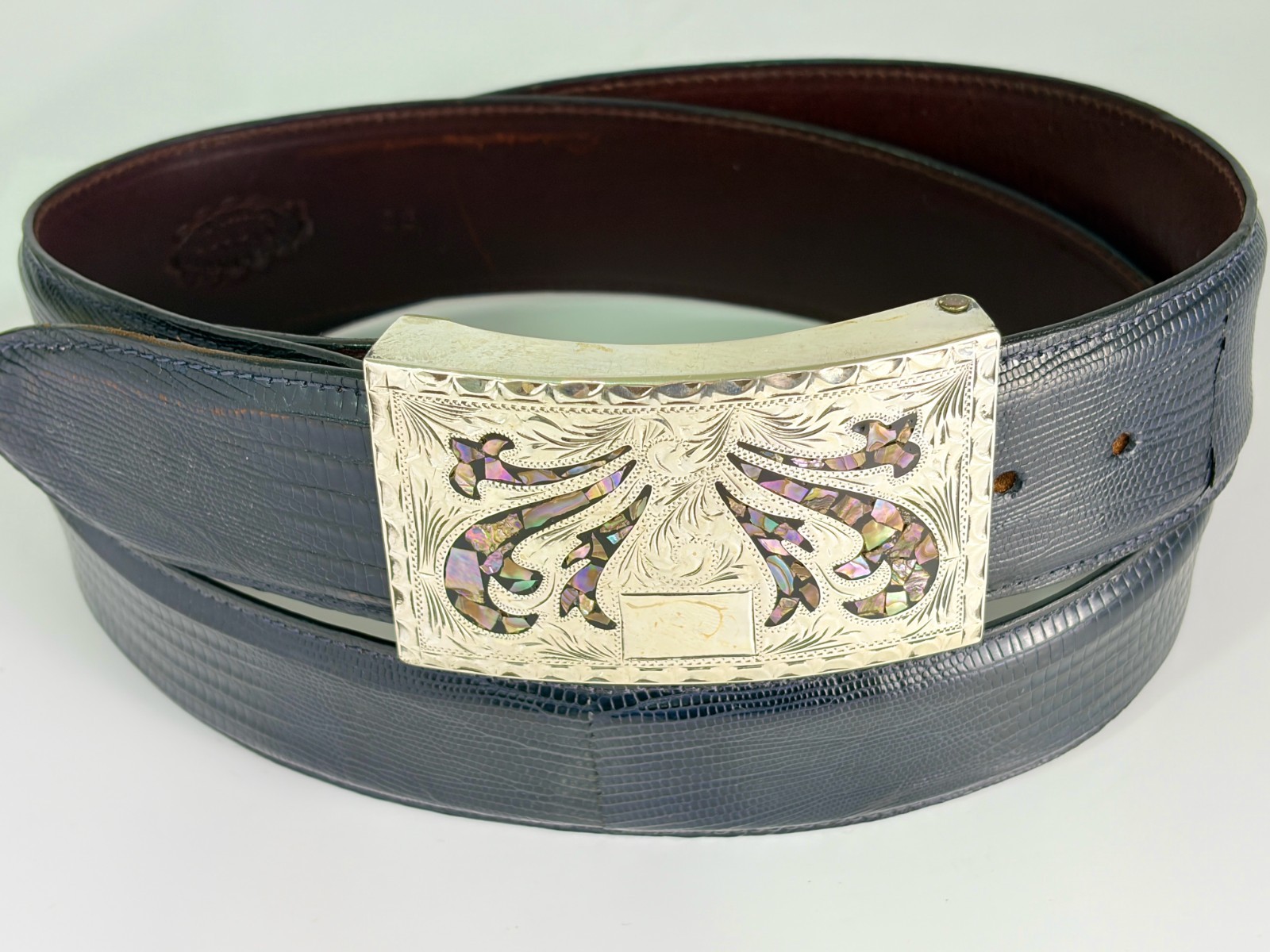 Plata De Jalisco Sterling Silver MOP .925 Belt Buckle Genuine Lizard 38 Maida’s