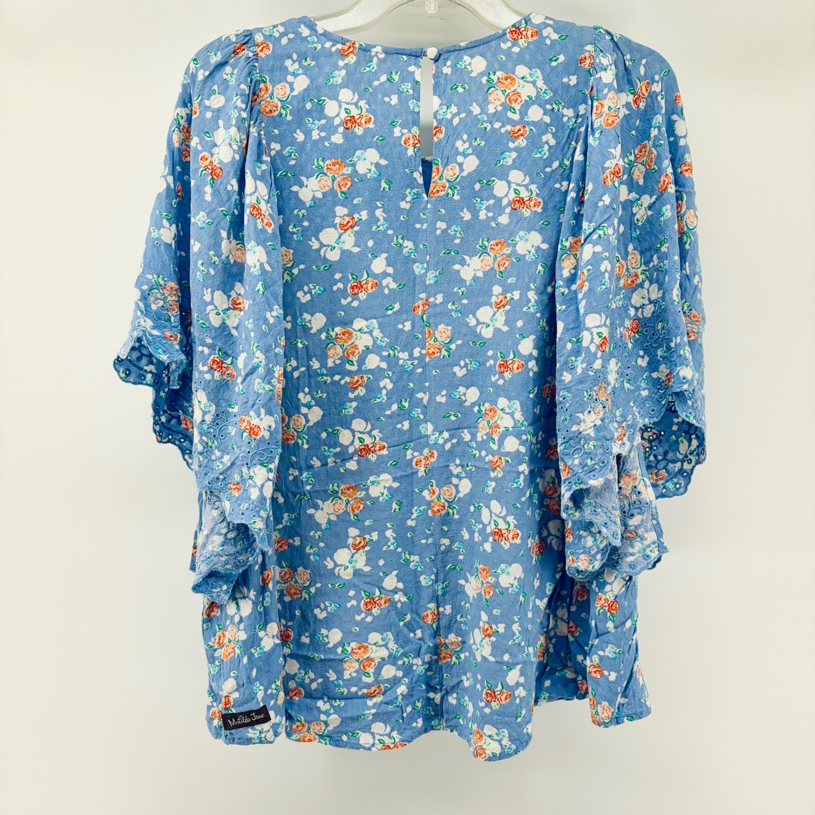 Matilda Jane Top Large Blue Floral Crochet Lace Butterfly Sleeve Boho Flowing