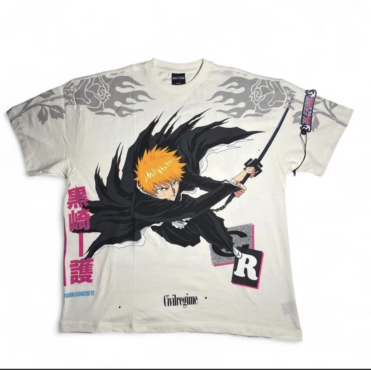 Civil Regime Bleach Ichigo Kurosaki Roses From Concrete Oversized Tee – Size M