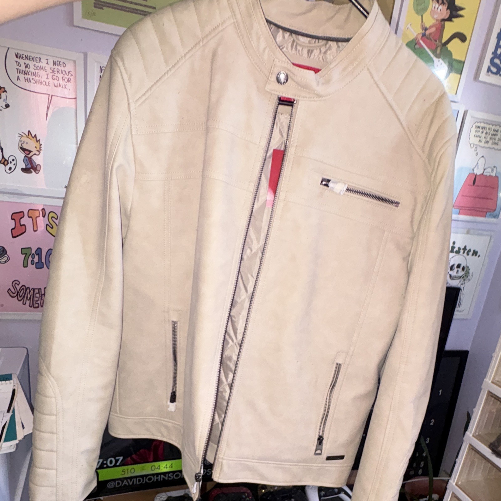 GUESS Men’s M Vintage White Suede Moto Motorcycle Jacket Full Zip Pockets