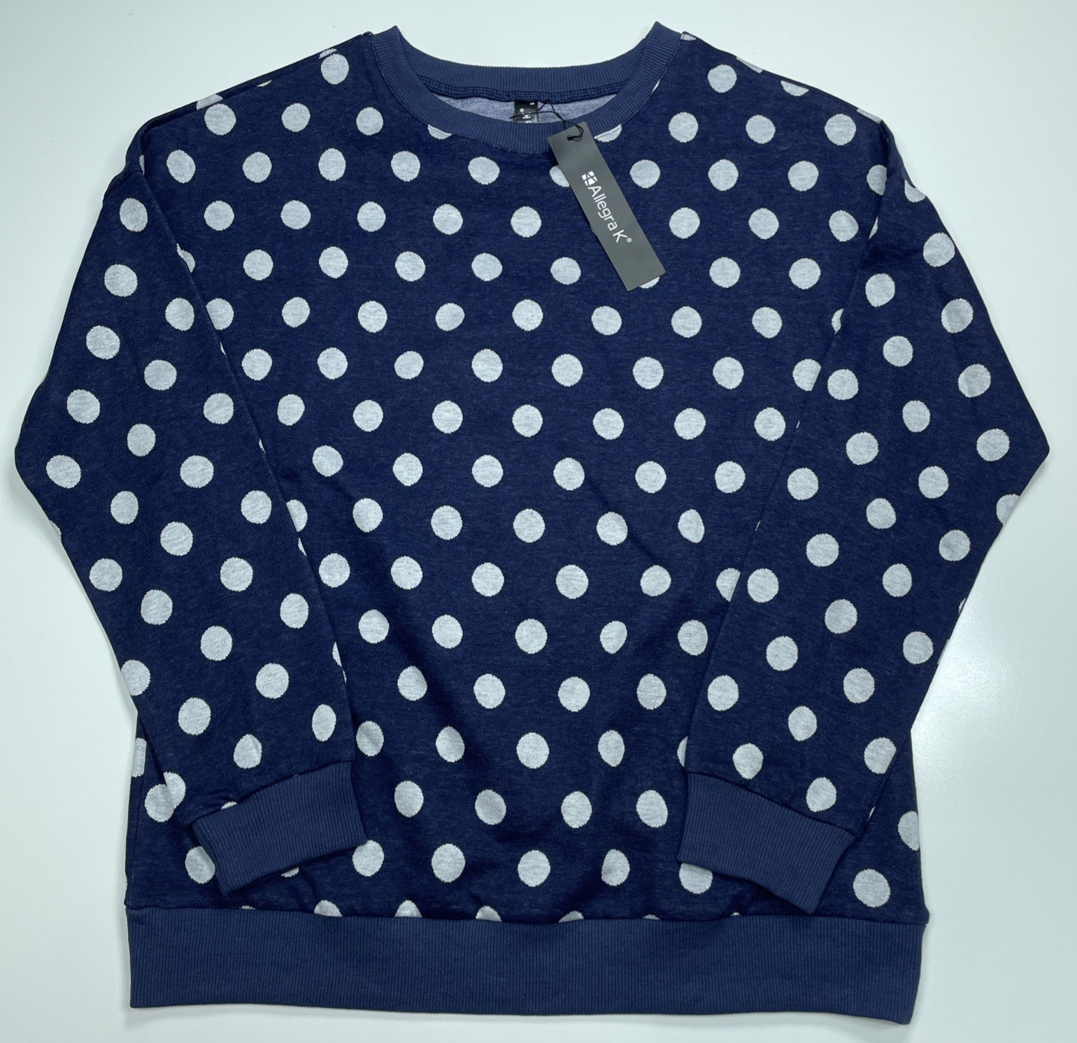 NWT Allegra K Size Small Pull Over Long Sleeve Top Blue W/ White Dots