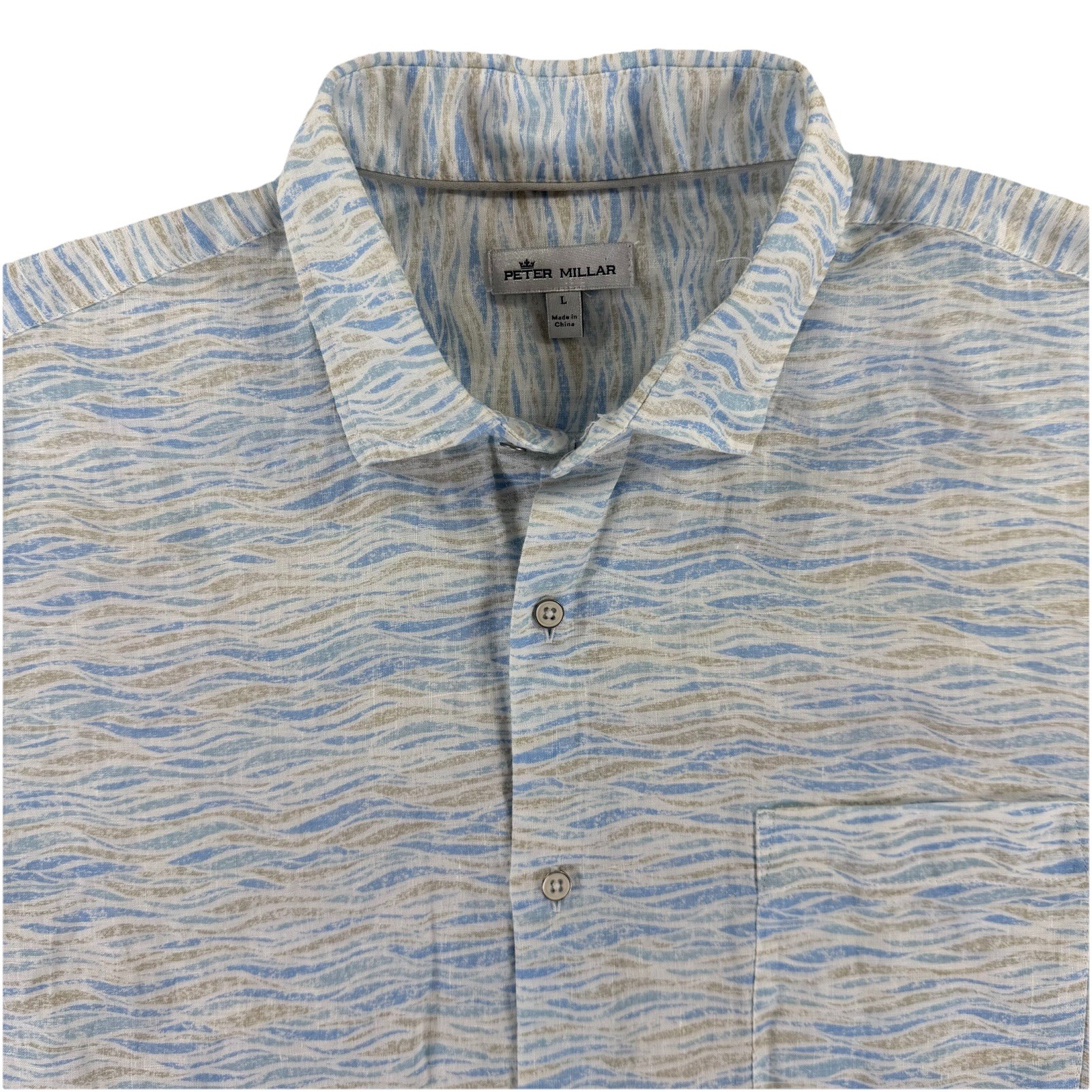 Peter Millar Linen Shirt Mens Large Blue Tan Wave Print Button Front Casual